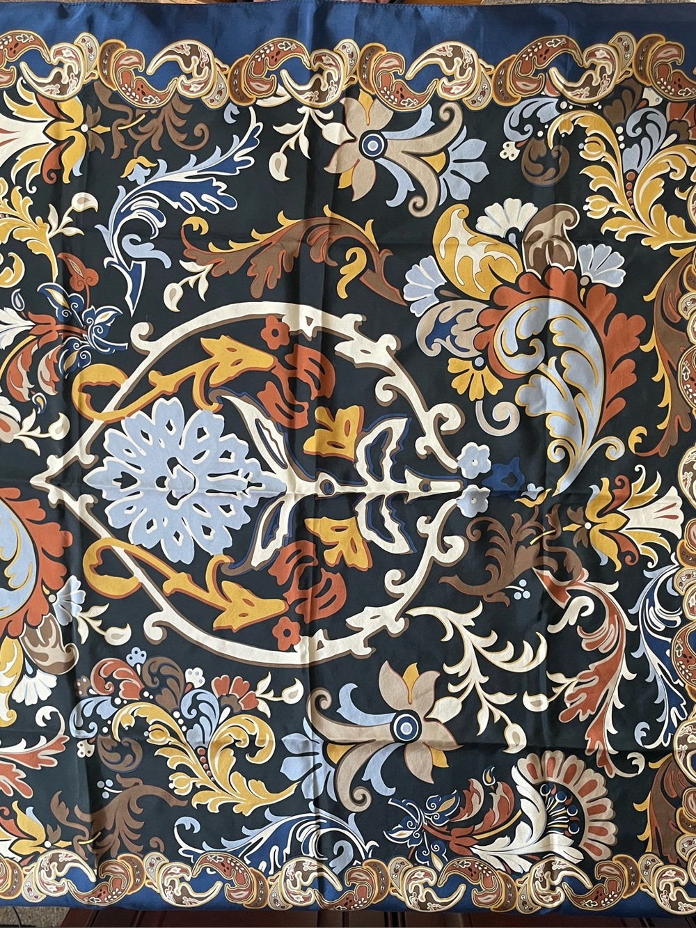 Vintage Carol Adler Baroque Floral Silk Scarf in Navy, Mustard & Rust